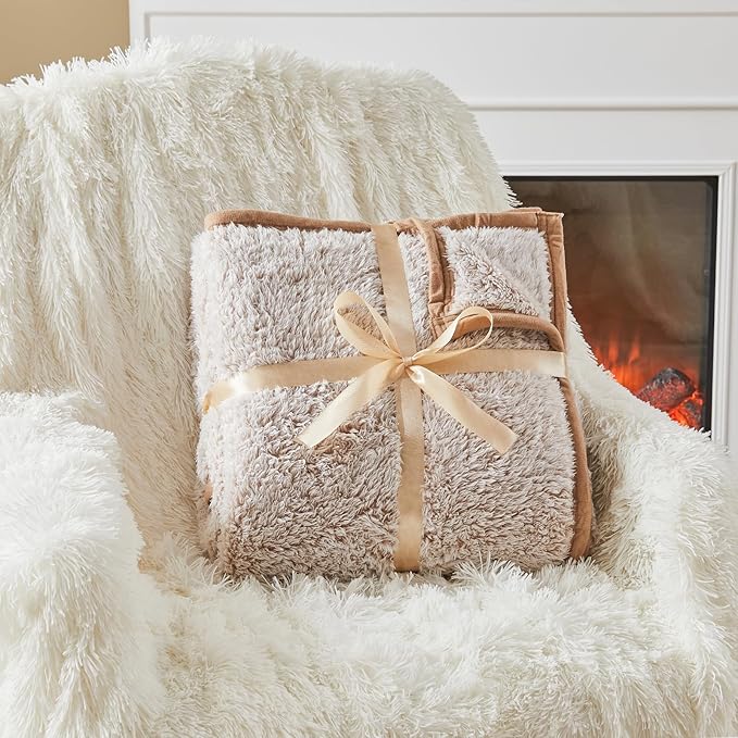 EMME Soft Sherpa Fleece Blanket Reversible Plush Fluffy Large Blanket, Light Weight Warm Decorative Boho Blanket Cover for Sofa, Couch, Bedroom,Travel(Khaki,108"x90")