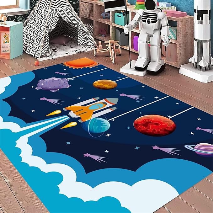 Outer Space Rugs,4x5ft,Kids Playroom Crawling Mat,Machine Washable,Non-Slip Carpet with Cartoon Planets and Rocket Design,Suitable for Kids Bedroom,Classroom,Nursery Decorative Rug