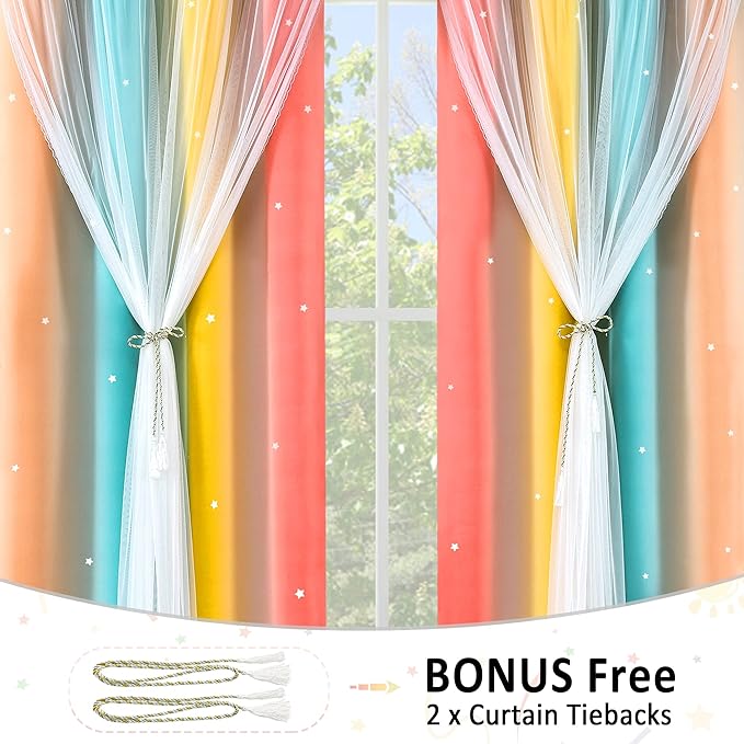 Kinryb Nursery/Kids/Girls Room Star Cut Out Blackout Rainbow Curtain with Sheer Overlay 2 Panels, Each 52 inch Wide,72 inch Length with White Gauze,Ombre Stripe Rainbow Curtains (2 Panels,52x72 Inch)