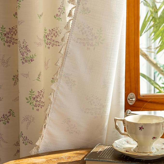 ENJOYBRIDAL Purple Floral 84 Inch Curtains for Living Room Decor Drapes Semi Sheer Bedroom Rod Pocket Tassel Window Curtains 2 Panels Aesthetic Farmhouse Cute Boho Window Treatments