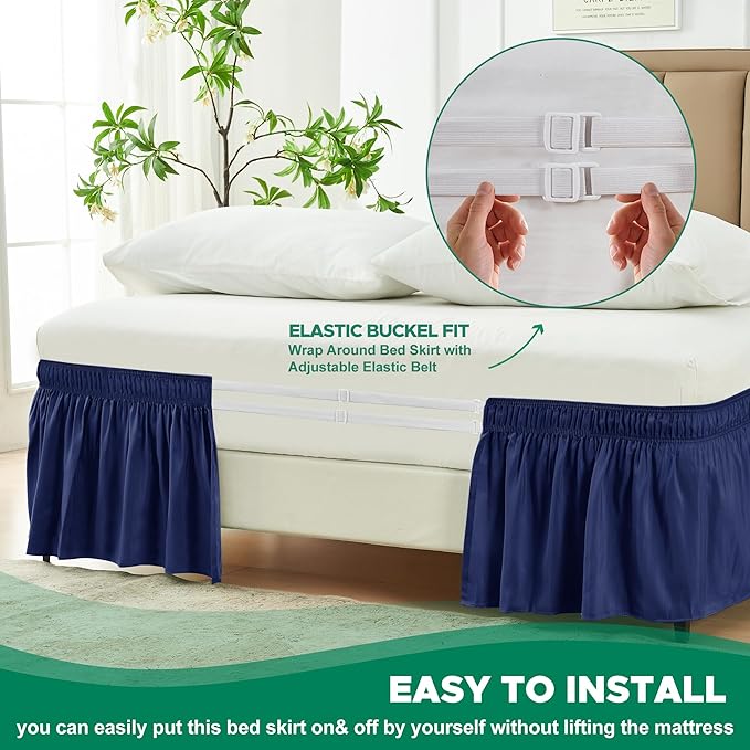 Biscaynebay Wrap Around Bed Skirts for King & Cal King Beds 19" Long Drop, Navy Adjustable Elastic Dust Ruffles Easy Fit Wrinkle & Fade Resistant Silky Luxurious Fabric Solid Machine Washable