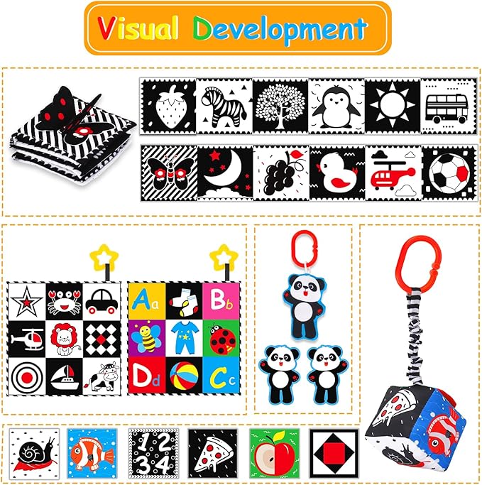 4 PCS Black and White High Contrast Baby Toys 0-3-6 Months Newborn Essential Toy for Babies Crinkle Sensory Book Brain Development Tummy Time Mirror Infant Carseat Rattle Christmas Stocking Stuffer
