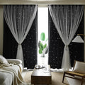 Kinryb Kids Blackout Curtains for Bedroom/Living Room/Classroom, Sheer Overlay 2 Free Tiebacks, Double Layer Curtains with Star Cutout for Kids Room(Each Piece W 70 x L 72 Inches 2 Pcs Black)