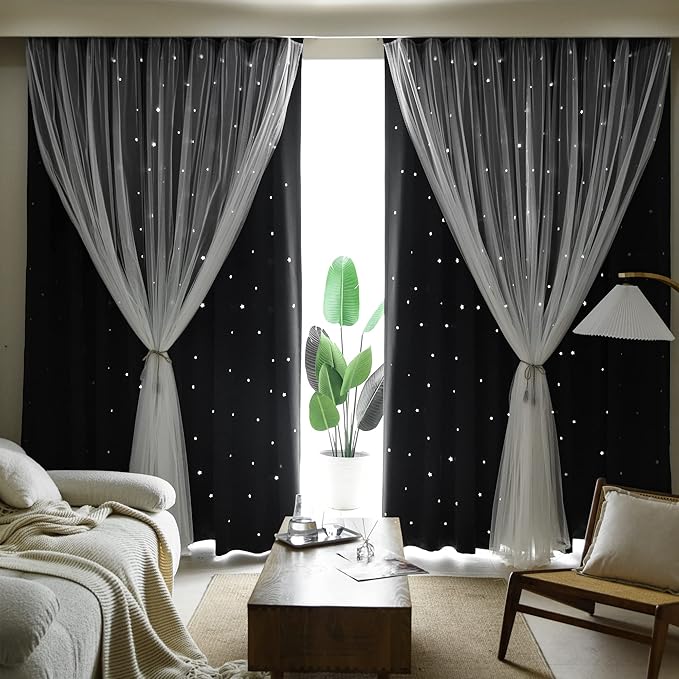 Kinryb Black Star Cutout Blackout 84 Inches Curtains Double Layer with Sheer Overly Curtains for Bedroom Thermal Insulated Window Treatment Set with 2 Free Tiebacks (52W x 84L 2 Panels Black)