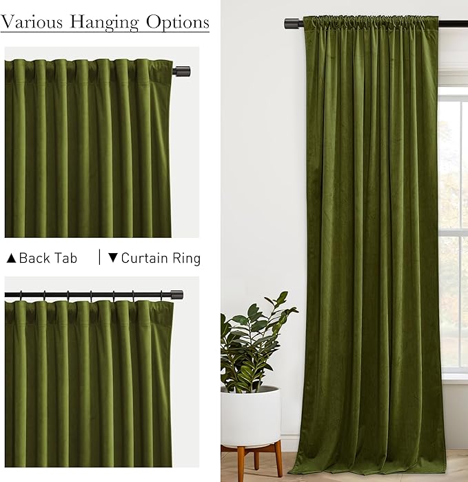 StangH Olive Green Velvet Curtains 120 inches Long Luxury Back Tab High Ceiling Window Drapes Room Darkening Privacy Protect for Living Dining Room, W52 x L120, 2 Panels