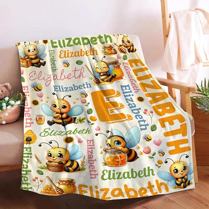 Personalized Custom Honeybee Blanket Gifts for Kids Boys Girls with Name - Customized Honeybee Super Soft Lightweight Flannel Sheets Decor for Crib Nap Couch - 90"x120" for Whole Family