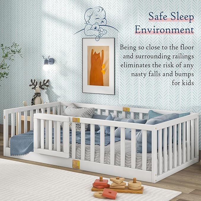 Tatub Twin Montessori Floor Bed with High Rails, Solid Wood Montessori Bed Frame for Kids, Door Can Install Left and Right, Twin-White