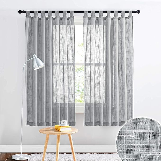 RYB Home Linen Sheer Curtains - Linen Textured Semi Sheer Curtains for Home Office Kids Nursery Bedroom Window, 52 inches Wide x 63 inches Long per Panel, 2 Panels, Grey