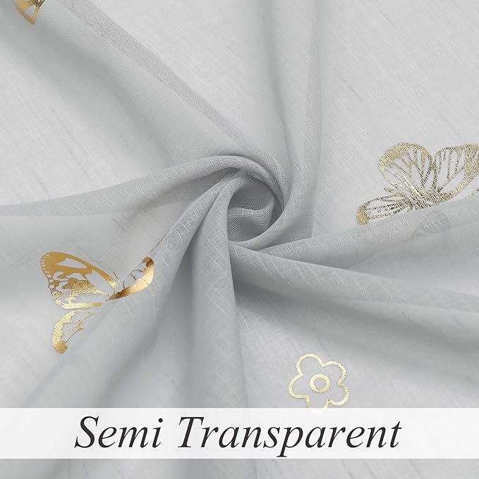 Jubilantex Grey Sheer Curtain with Gold Butterfly Pattern for Kids Room, Linen Textured Rustic Metallic Print 95 Inch Rod Pocket Window Drapes for Girls Bedroom Living Room, 2 Panels