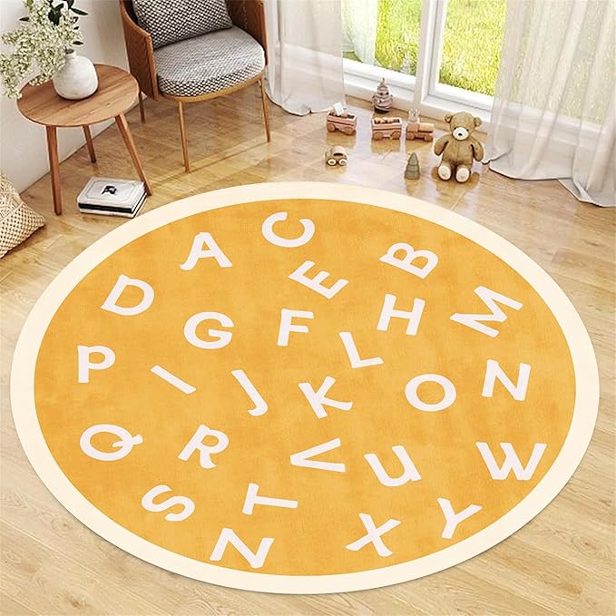 Round Playroom Area Rug,3ft,ABC Children's Round Bedroom Rug, Non-Slip Washable Baby Nursery Rug, Large Toddler Rug Educational Crawling Mat, Suitable for Nursery, School Classroom, Playroom