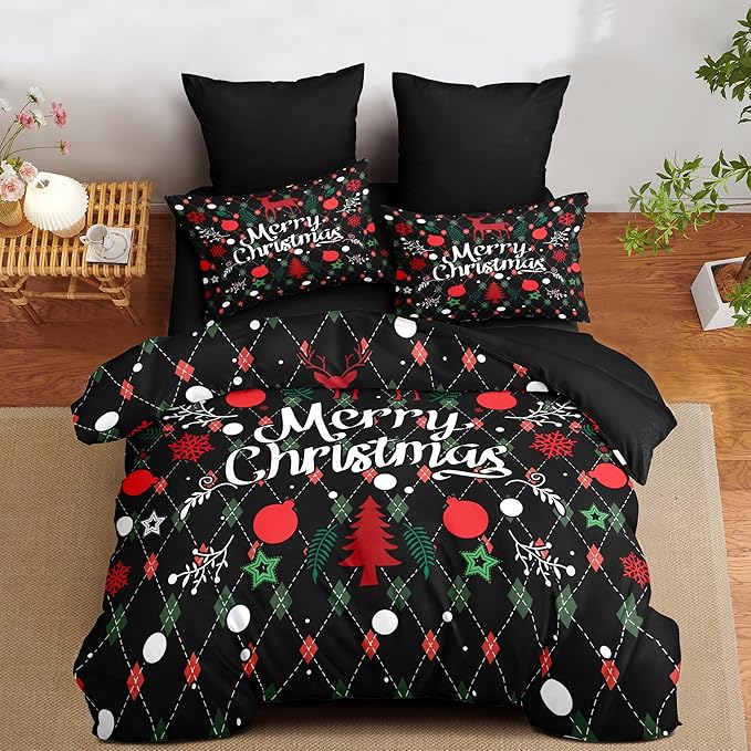 Christmas Duvet Cover Full Size Black Christmas Tree Bedding Set 3 Pcs Kids Boys Girls Happy Holiday Xmas Comforter Cover with Zipper Closure (No Comforter)