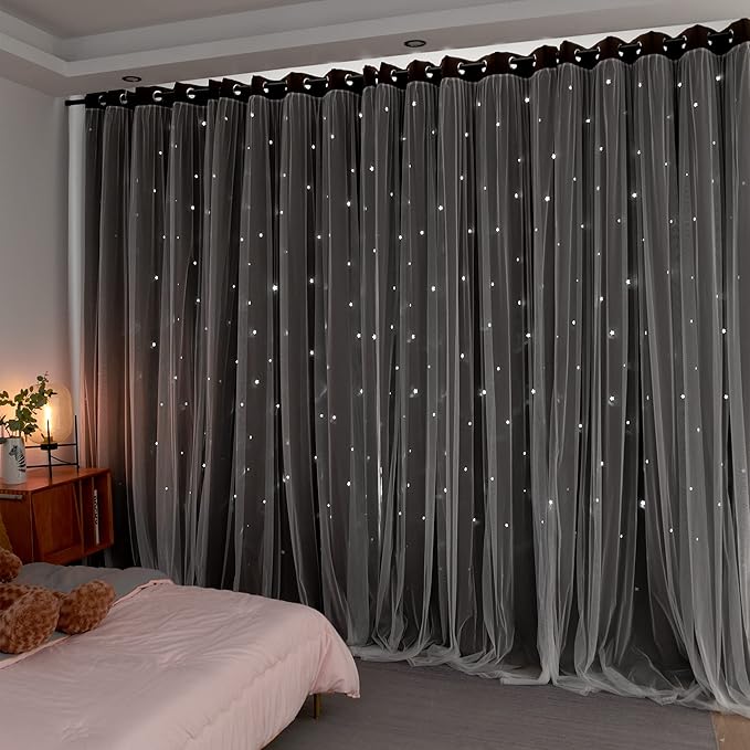 Kinryb Kids Blackout Curtains for Bedroom/Living Room/Classroom, Sheer Overlay 2 Free Tiebacks, Double Layer Curtains with Star Cutout for Kids Room(Each Piece W 70 x L 95 Inches 2 Pcs Chocolate)