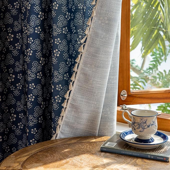 ENJOYBRIDAL White Floral Curtains 63 Inch Long Semi Sheer Navy Blue Drapes Short Decor Farmhouse Bedroom Window Curtains 2 Panel Sets Boho Tassel Rod Pocket Living Room Aesthetic Window Treatments