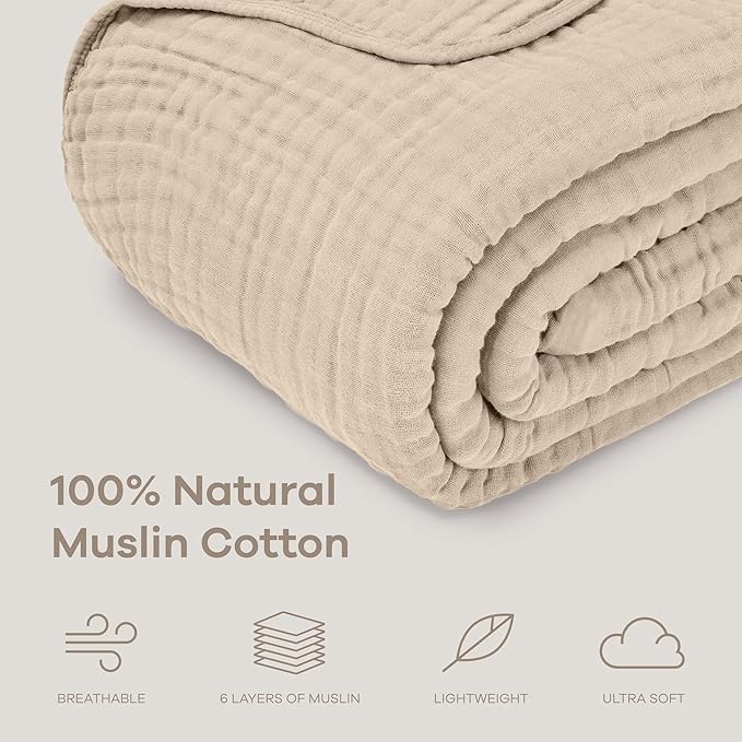 Comfy Cubs Muslin Blanket for Adults Queen 90" x 90" - 6 Layer Soft, Breathable & Lightweight Muslin Adult Blanket - Machine Washable & Designed in The US Bedding for All Seasons - Sand