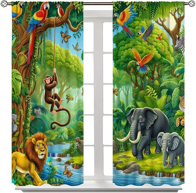 Animals Window Curtain Cartoon Jungle Forest Elephant Lion Print Curtains for Kids Boys Girls Nursery Baby Bedroom Playroom Home Decor Window Drapes 42" W X 54" L