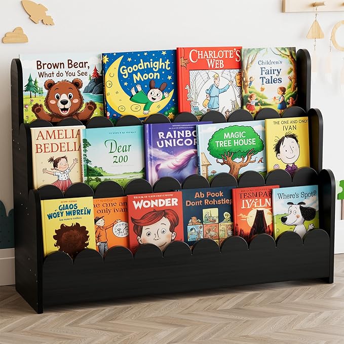 SpaceAid 3-Tier Scalloped Bookshelf, Montessori Bookcase for Toddlers, Wooden Book Shelf Organizer Display Furniture for Kids Rooms, Playroom, Nursery and Classroom, 36.7“ Wide, Black