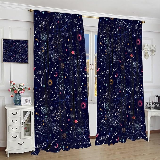 Kids Galaxy Curtains, Fantasy Stars Outer Space Universe Planets Print Window Treatments for Boys Girls Bedroom Nursery Playroom 72" W X 63" L