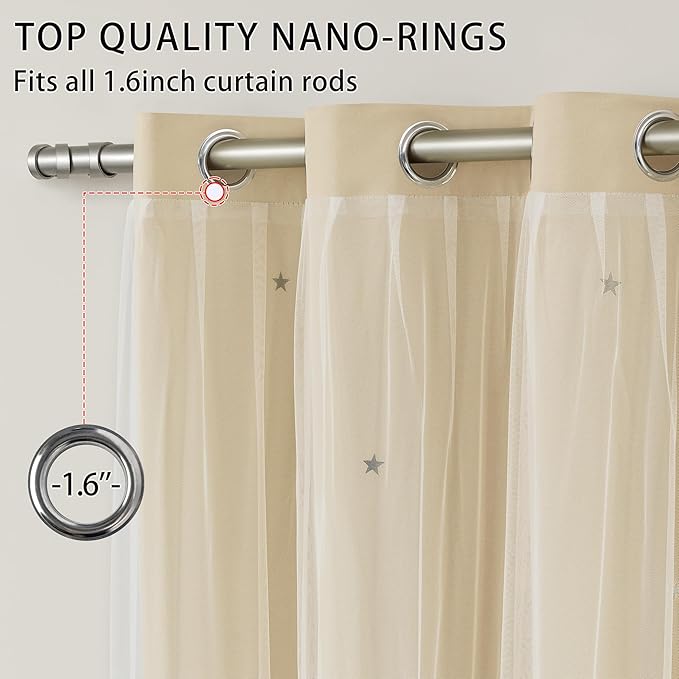 XiDi Beige Curtains with Sheer Overlay for Living Room Bedroom 2 Panels Star Hollow Out 80% Blackout Double Layer Curtains for Kids Girls Room Darkening Grommet Window Drapes with Tiebacks W34 X L54