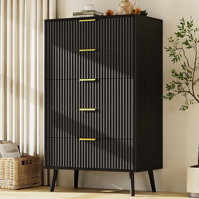 LYNSOM Fluted Dresser and Nightstand Sets 2 Piece, 2-Drawer Nightstands and 5-Drawers Dresser, Wood Bedroom Furniture Set for Home, Bedroom, Hallway, Black