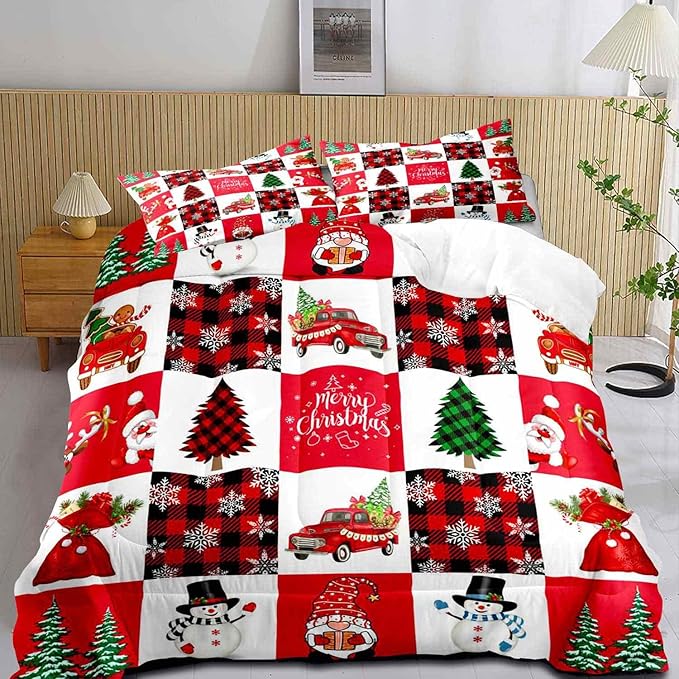 LUVIVIHOME 3PCS Merry Christmas Comforter Set Full Size, Cartoon Cute Funny Santa Claus Snowman Gnome Truck White Red Black Plaid Bedding, Snowflake Xmas Tree Christmas Bedroom Decor, 2 Pillow Shams