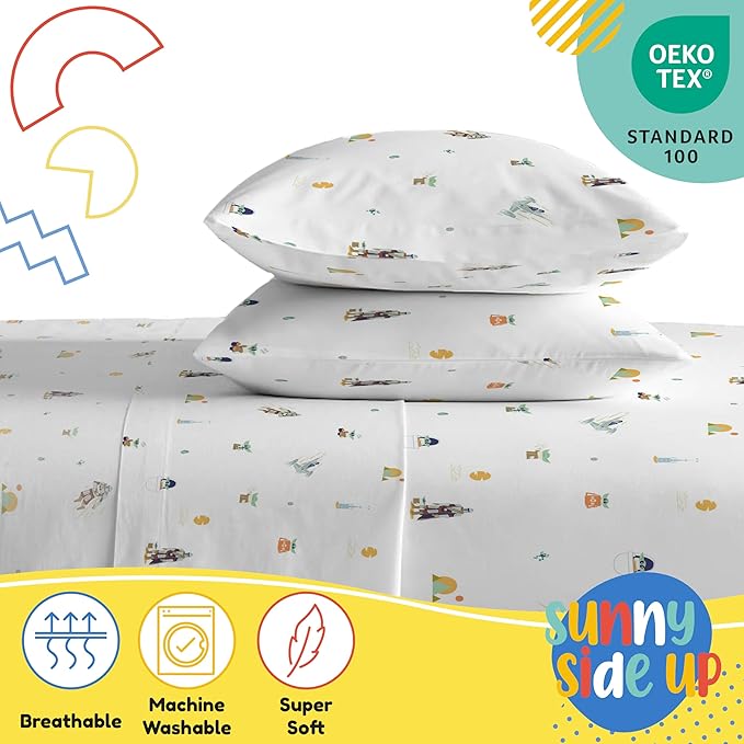 Sunny Side Up Kids Sheet Set with Fitted, Flat Sheets & Pillow Cover - Ultra-Soft Bedding with Pillowcase for Room Decor, White - The Mandalorian, 4 Piece Full