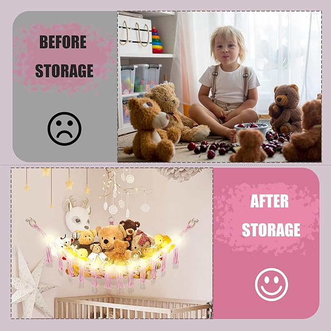 Stuffed Animal Hammock with LED Light, Large Stuffed Animals Storage Corner Plushie Net for Kids Room Decor, Pink