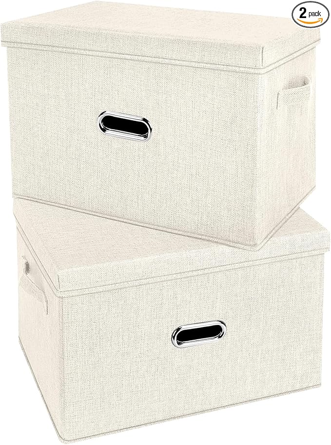 Large Linen Fabric Foldable Storage Bins with Removable Lid and Handles, Washable Storage Box Organizer Containers Baskets Cube with Cover for Bedroom,Office(Cream, Small(2-Pack))