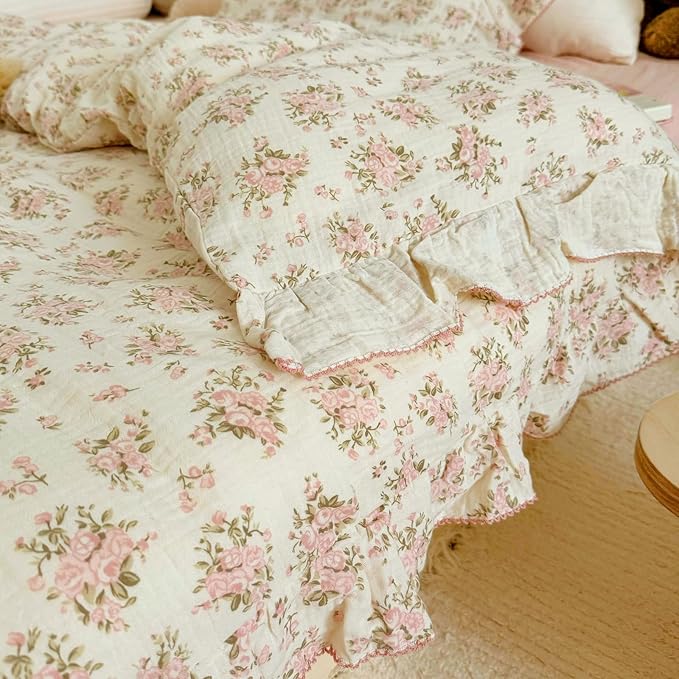 BuLuTu Pink Floral Twin Size Duvet Cover for Girls Kids, Flower Print Comforter Cover with Ruffles, Soft Lightweight Quilt Cover 100% Cotton Muslin, Zipper Closure, 68"x86", No Pillowcases