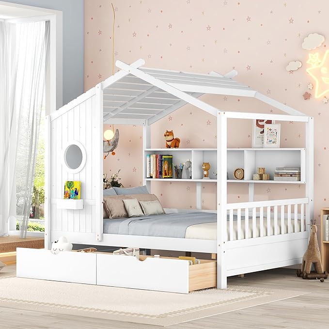 Bellemave Full Size House Bed with 2 Storage Drawers,Full Kids Bed with Storage Shelves,Wooden House Bed Frame for Girls,Boys,Can be Decorated,White