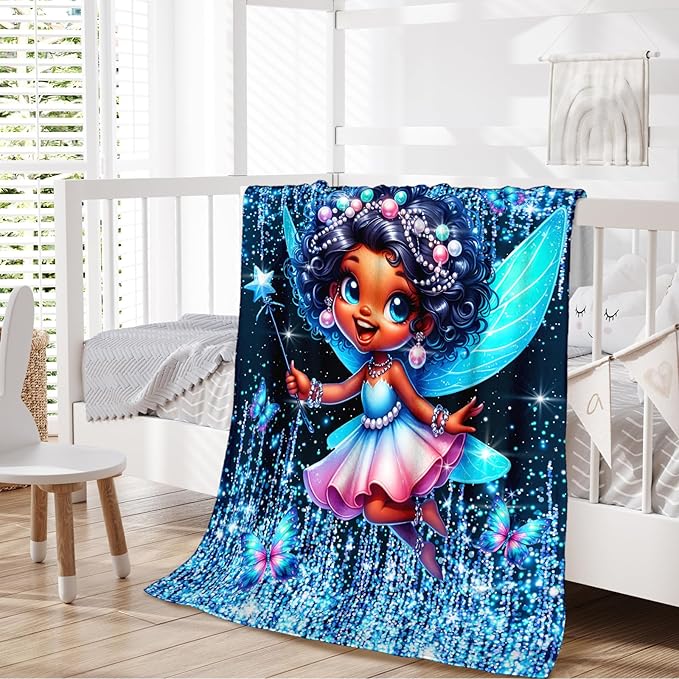 Girls Fairy Blanket, Fairy Throw Gift for Kids Daughter Birthday, 50x60 Inches Lightweight Soft Cute Black Throw Blankets for Sofa Couch Living Room Bed
