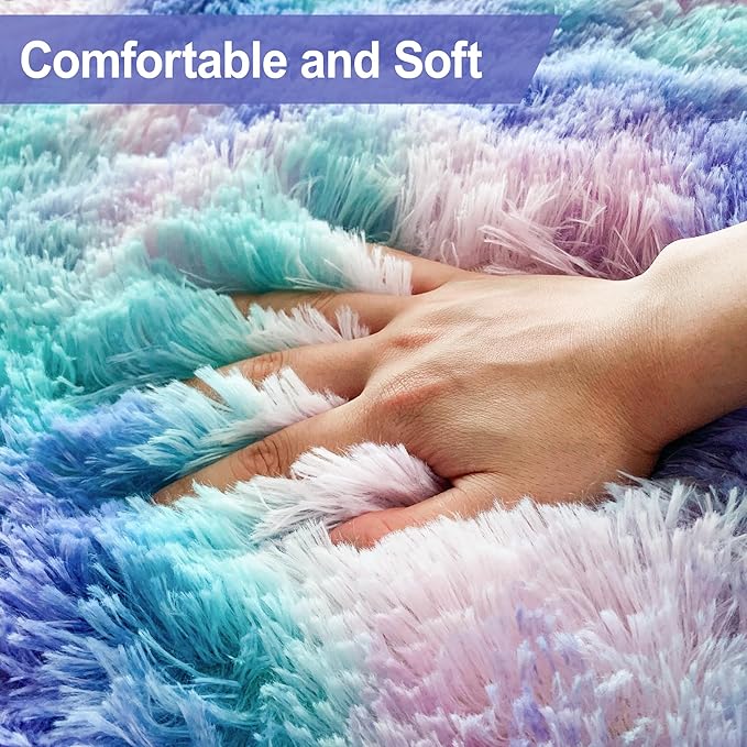 Shaggy Tie Dyed Light Purple Rainbow Rug Small,2x3 Area Rugs for Living Room Door Entryway Indoor Inside Front Entrance Dog Mat Anti-Skid Extra Comfy Fluffy Floor Carpet for Home Decorative