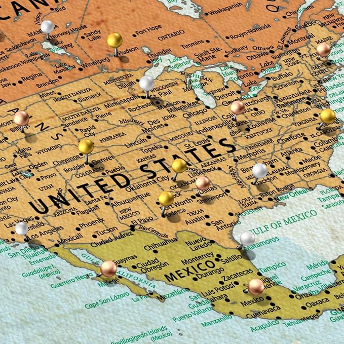 ElephantStock - Personalized Wanderer Push Pin World Map Wall Art - Horizontal Canvas Wall Art - Living Room Wall Decor - Digital Art Map Canvas Art - Orange And Blue Decor - 51" x 34"