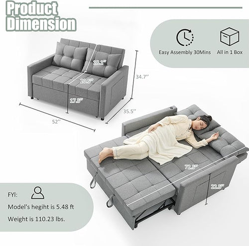 52" Sleeper Sofa with Pull-Out Bed, 3-in-1 Convertible Sofa Bed, Loveseat with Stepless Adjustable Backrest and Side Pocket, for Living Room Dorm Apartment, Linen, Light Gray
