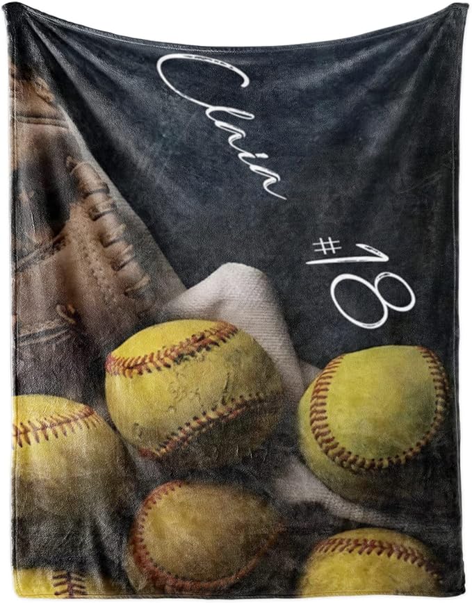 Personalized Baby Softball Bed Blanket: Custom Name and Number Sport Blankets for Toddler Boys Girls Adults Birthday Mothers Fathers Easter (40x50inch)