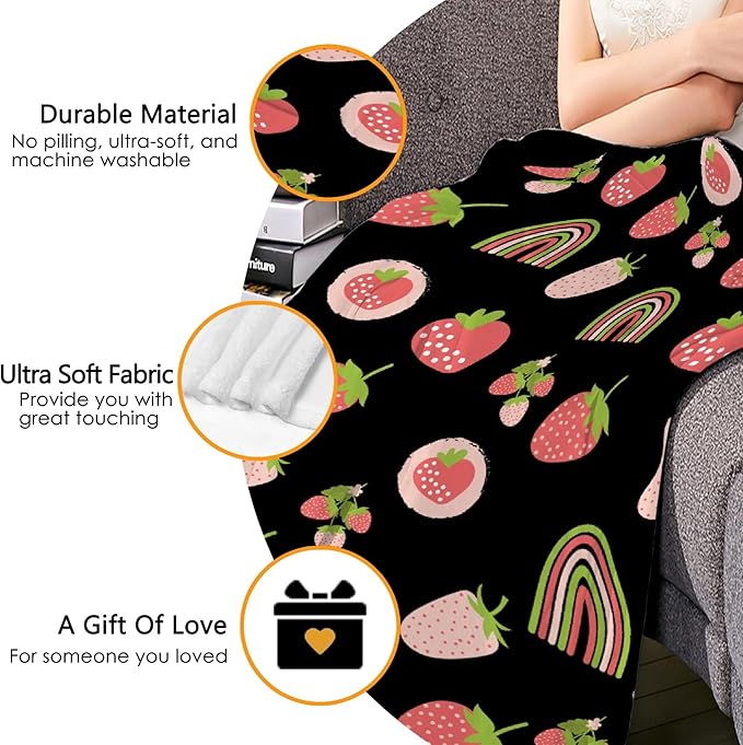 Thuswarm Cute Pink Strawberry Rainbow Flannel Throw Blanket Warm Cozy Soft Funny Print Blankets for Bed Couch Sofa Room Decoration Gifts 50"×40" Small for Kid