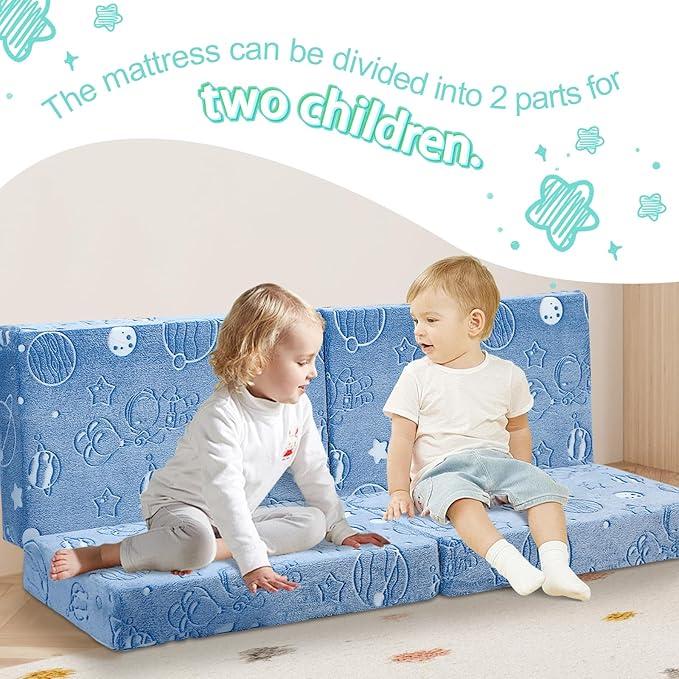 MeMoreCool Foldable Floor Mattress for Kids, Glow Toddler Nap Mat for Sleeping and Daycare, Portable Trifold Futon Mattress Floor Bed, Blue Space