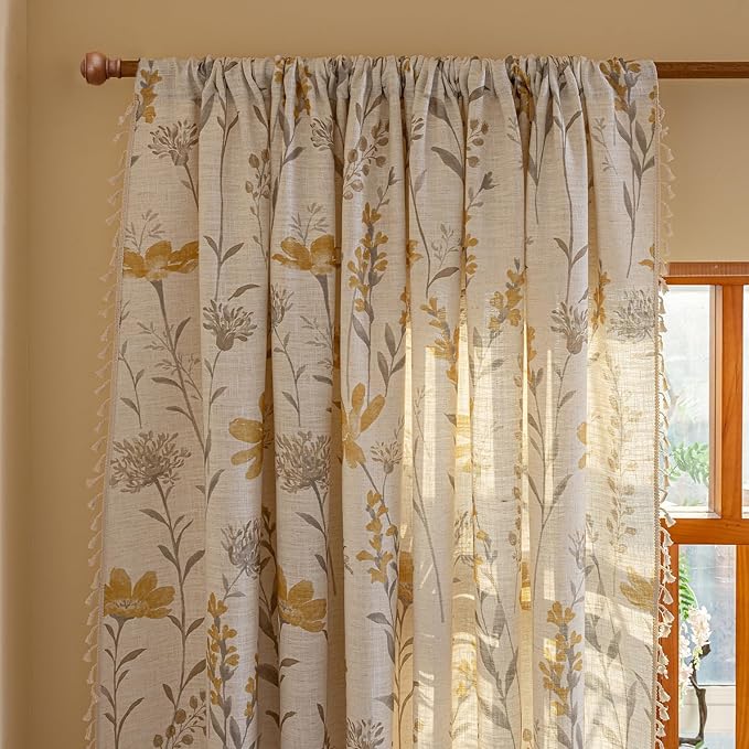 ENJOYBRIDAL Yellow Floral Curtains 84 Inch Length 2 Panels Set Living Room Floor Length Drapes Bedroom Boho Farmhouse Semi Sheer Window Curtain Panels Rod Pocket Tassel Dining Room Window Treatments