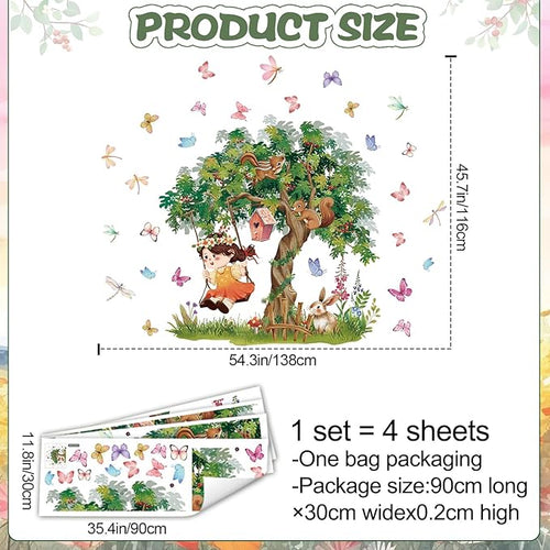 Amaonm Large Whimsical Tree Wall Decal with Woodland Animals, Birds, and Butterflies, Watercolor Green Tree Wall Sticker Decor for Girls Kids Bedroom Living Room Nursery Decoration (B)