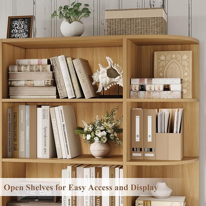 HOSTACK 75" Tall Book Shelf and Bookcase, 6 Tier Bookshelf with Storage, 47" Wide Bookcase with Door, Freestanding Wood Display Shelves with Book Storage Cabinet for Office, Living Room, Natural Oak