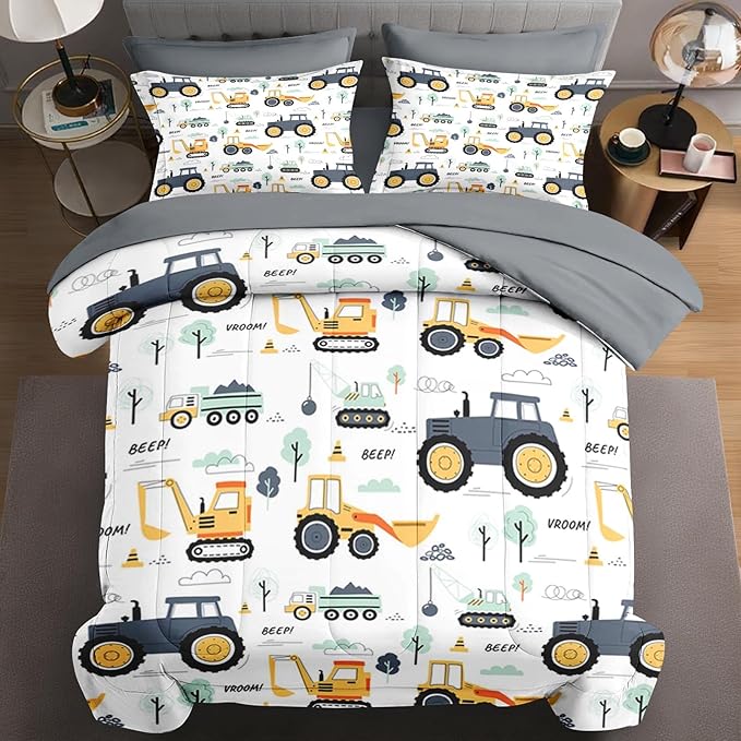 7 Pcs Full Size Comforter Set with 2 Pillowcases & 2 Shams, Tractor Bedding for Kids and Adults, Construction Truck Bedding Set with Flat & Fitted Sheet