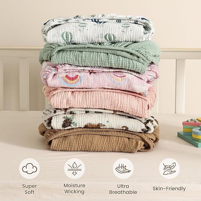 david's kids Muslin Mini Crib Sheets, 2 Pack Cotton Pack N Play Sheets for Boys Girls Neutral, Soft Breathable Baby Sheets Fit Pack N Play, Playard and Mini Crib Mattresses, Animals