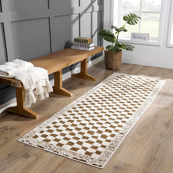Hauteloom Leryn Living Room, Bedroom Area Rug - Checkered - High Pile - Bone - 5'3" x 7'