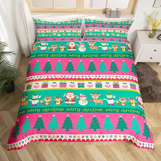 Christmas Bedding Set Cute Snowman Santa Claus Deer Comforter Cover for Kids Christmas Tree Xmas Theme Duvet Cover Breathable Pink Geometric Stripes Bedspread Cover Room Decor Quilt Cover Queen Size