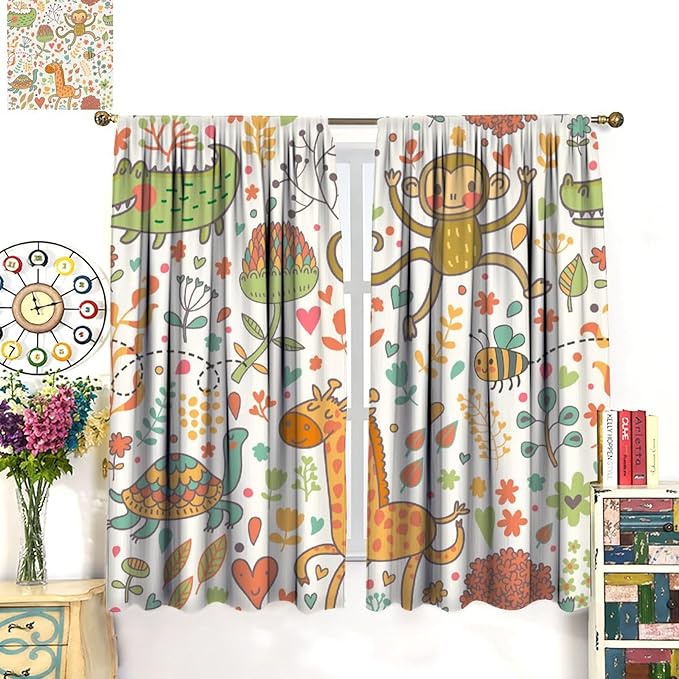 Cute Monkeys Curtains, Zoo Theme Cartoon Funny Animals Crocodile Giraffe Turtle with Flowers Print Thermal Insulation Window Drapes for Kids Boys Girls Baby Bedroom Living Room 55x63in