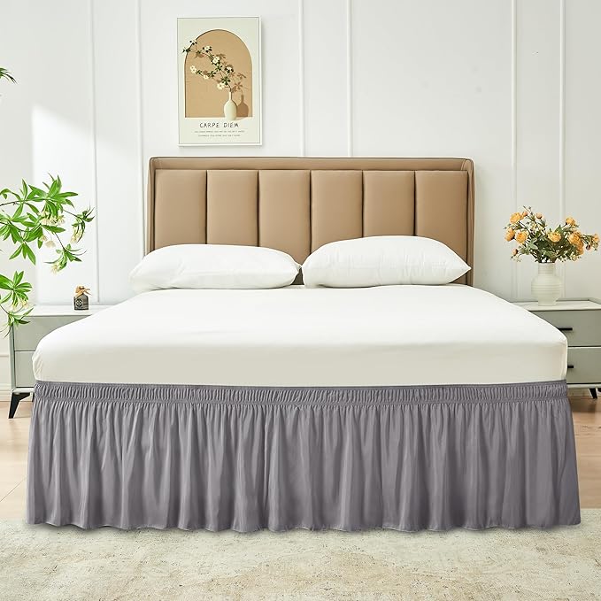 Biscaynebay Wrap Around Bed Skirts for Queen Beds 19" Long Drop, Silver Grey Adjustable Elastic Dust Ruffles Easy Fit Wrinkle & Fade Resistant Silky Luxurious Fabric Solid Machine Washable