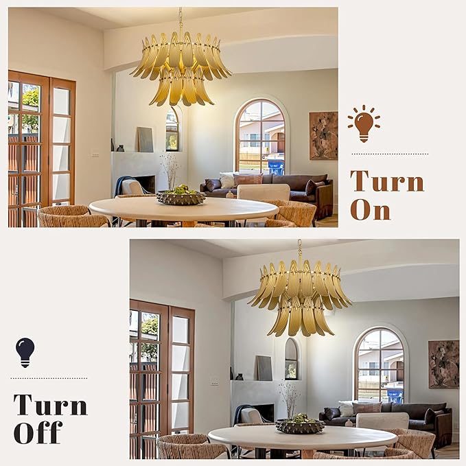 TOCHIC Modern Farmhouse Gold Chandelier, 6-Light Leaf Chandeliers for Dining Room, 24" 2-Tier Ceiling Light Fixture for Living Room, Bedroom, Entryway, Kitchen Island