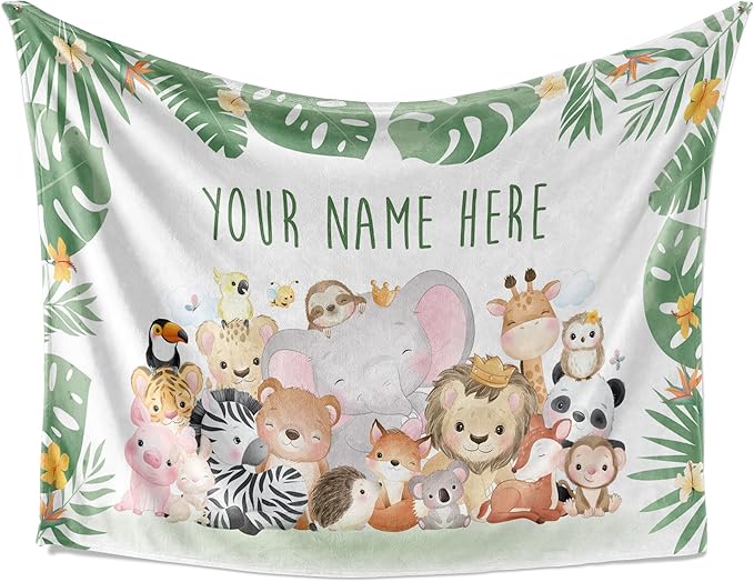 Personalized Baby Blankets with Name | Custom Animal Newborn Blanket for Baby Girl and Baby Boy | Unisex Warm Soft Sherpa Swaddle Blanket Minky | (Group Animals, Sherpa 60"x80")
