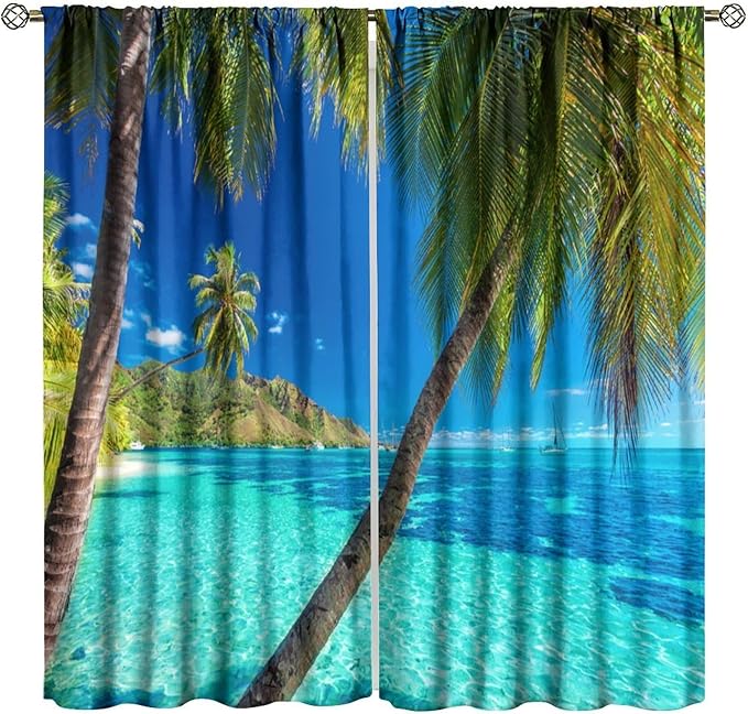 Ocean Beach Curtains,Sunshine and Beach Hawaiian Seaside Scene Pattern Blackout Print Home Bedroom Living Room Window Treatments 2 Panel Set 42x63 Inch