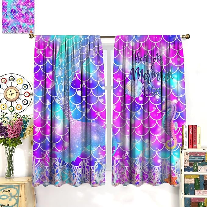 Dream Mermaid Curtains for Kids Boys Girls Ocean Theme Colorful Rainbow Fish Tail Blackout Window Treatment for Bedroom Nursery Room Decor Window Drapes 42" W X 54" L