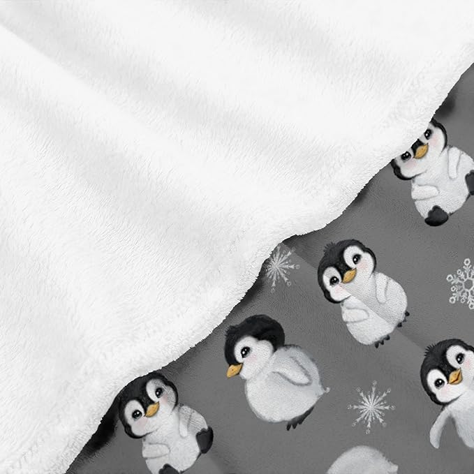 Thuswarm Cute Penguin Grey Flannel Throw Blanket Gifts Warm Cozy Soft Funny Print Blankets for Summer Room Decoration Bed Couch Sofa 120”×90” Extra Large for Family
